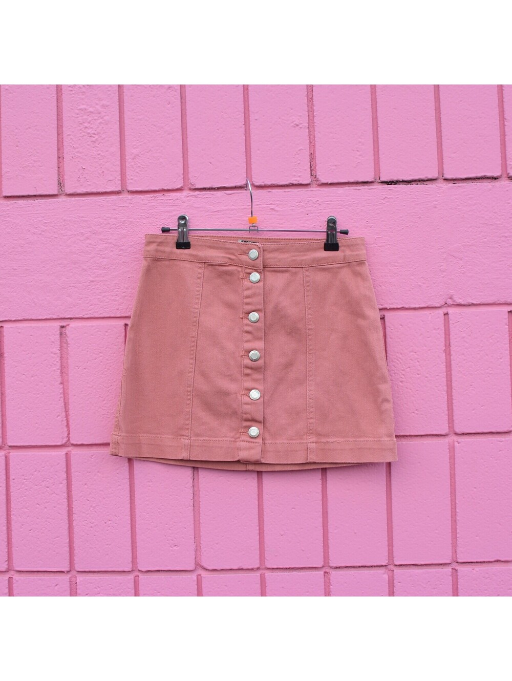 #170 S (6) Boohoo Denim Rust Clay Front Button Down Denim Dusty Rose Mini Skirt